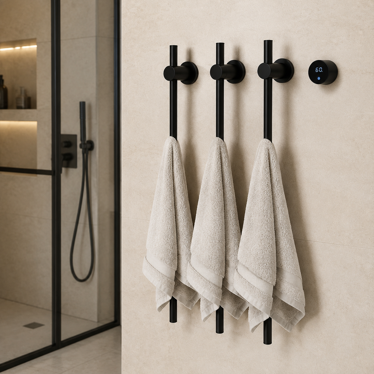 Bathroom Black Electric Towel Rack Hidden Wire Bath Towel Rail Smart Touch Control Towel Warmer Stainless Steels Bathrobe Dryer shown in a realistic lifestyle setting