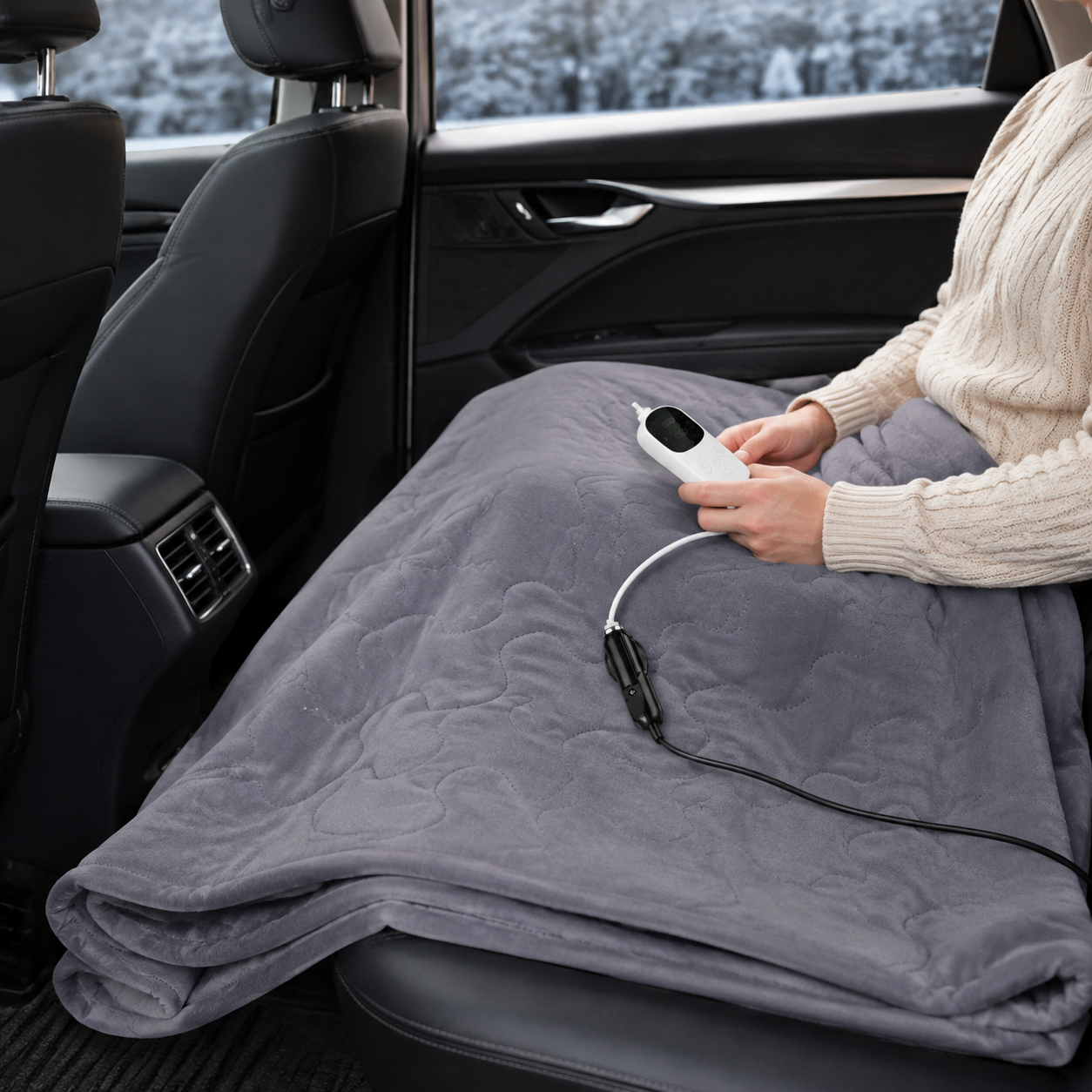 12V Cars Electric Blanket Heating Level Heated Travel Blanket for Car Outdoor Traveling Camping Pad 70x180cm/120x150cm/50x150cm shown in a realistic lifestyle setting