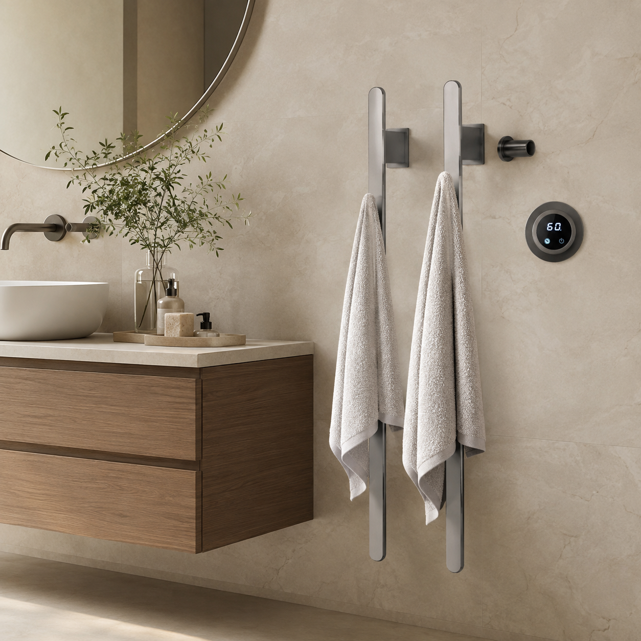 Gray Bathroom Towel Warmer Hidden Wires Electric Heated Towel Rail Temperature Time Control Bath Electric Towel Rack shown in a realistic lifestyle setting