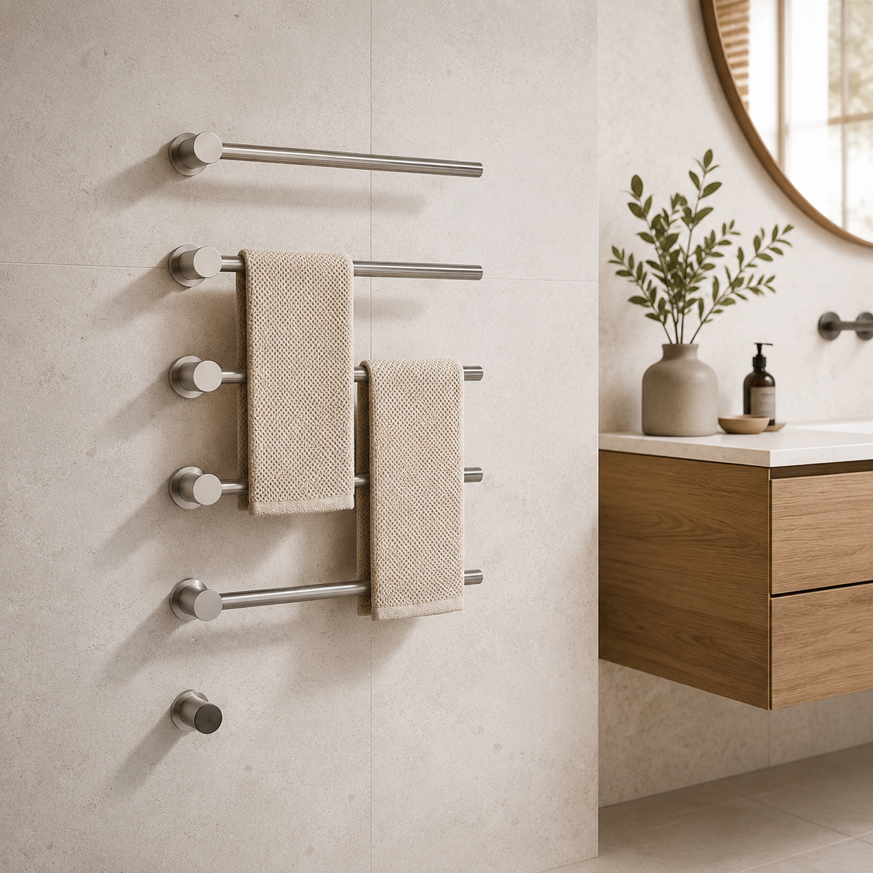 Bathroom Electric Heated Towel Rail Warmer Digital Display Temperature Time Control Smart Home Concealed Bar 304 Stainless Steel shown in a realistic lifestyle setting