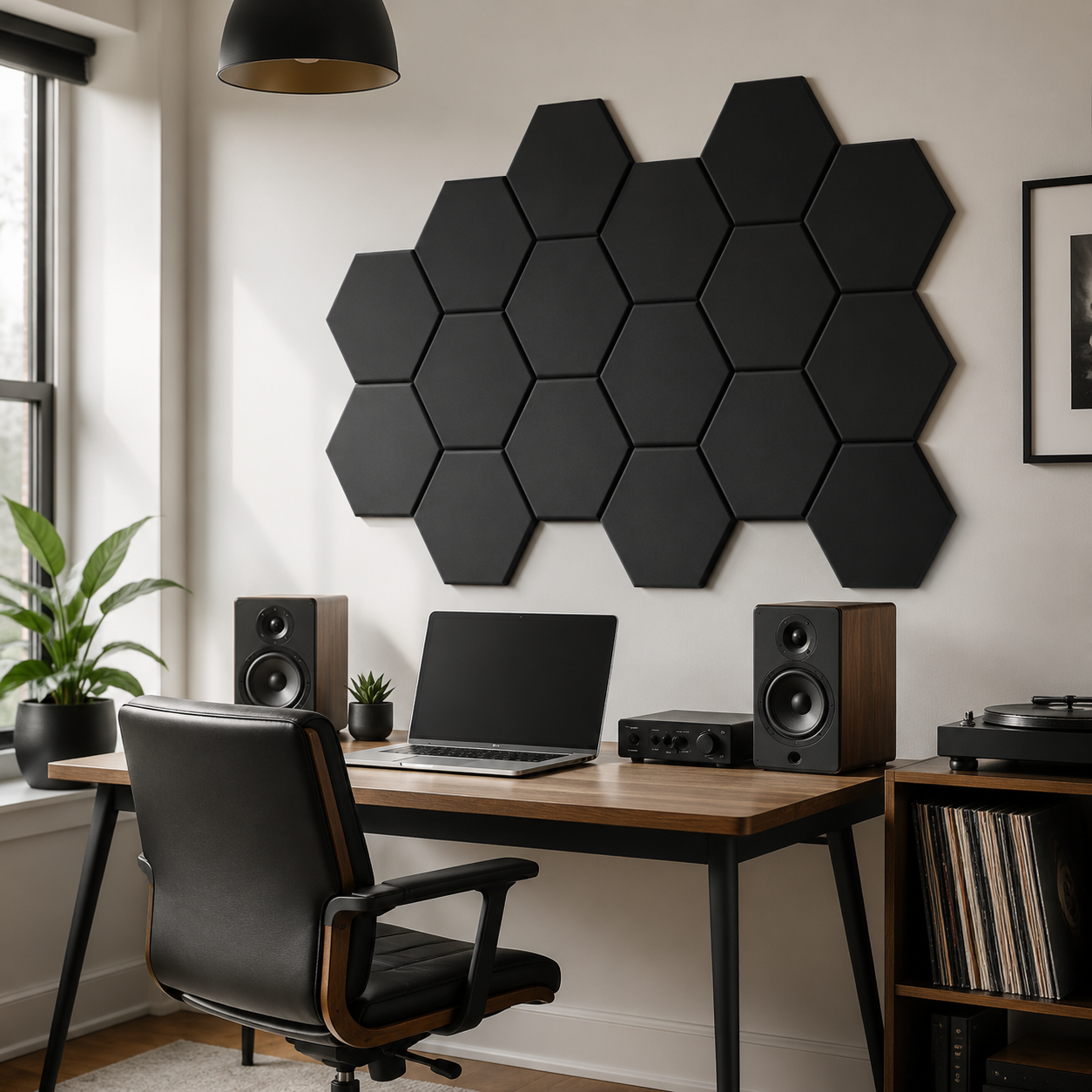 Eighteen black hexagonal acoustic panels in a modern listening room