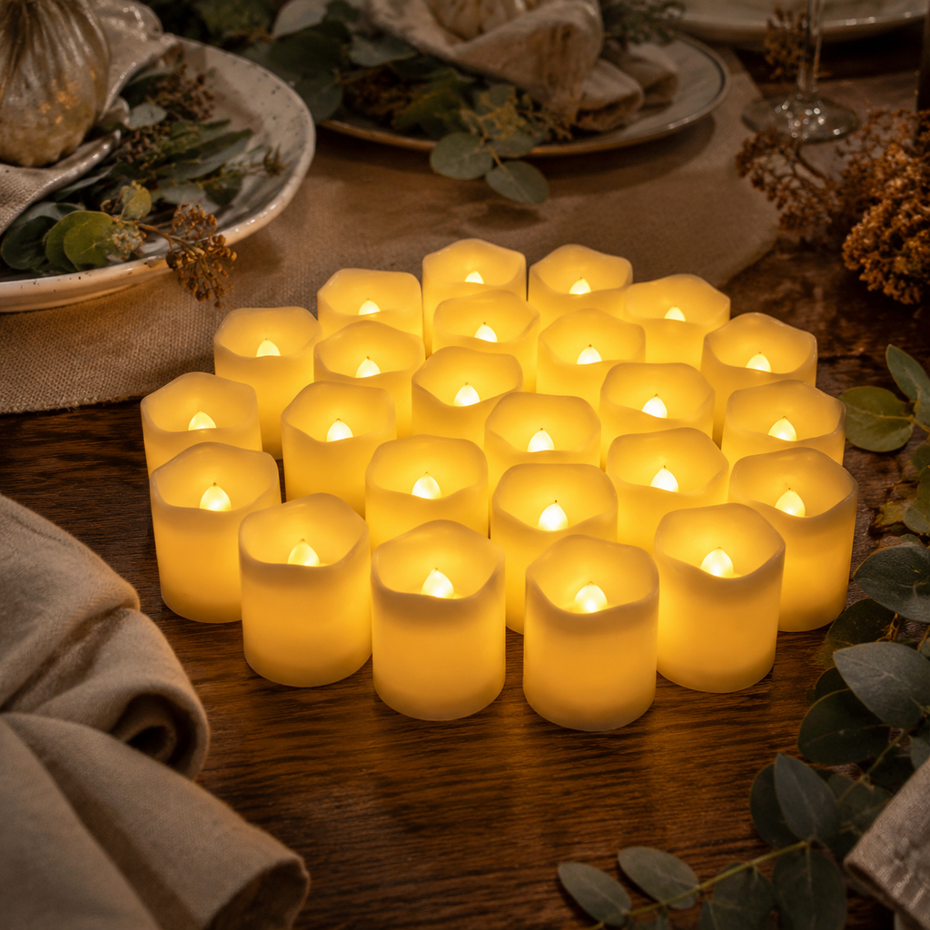 Twenty-four warm flameless LED tea lights styled on an autumn dining table