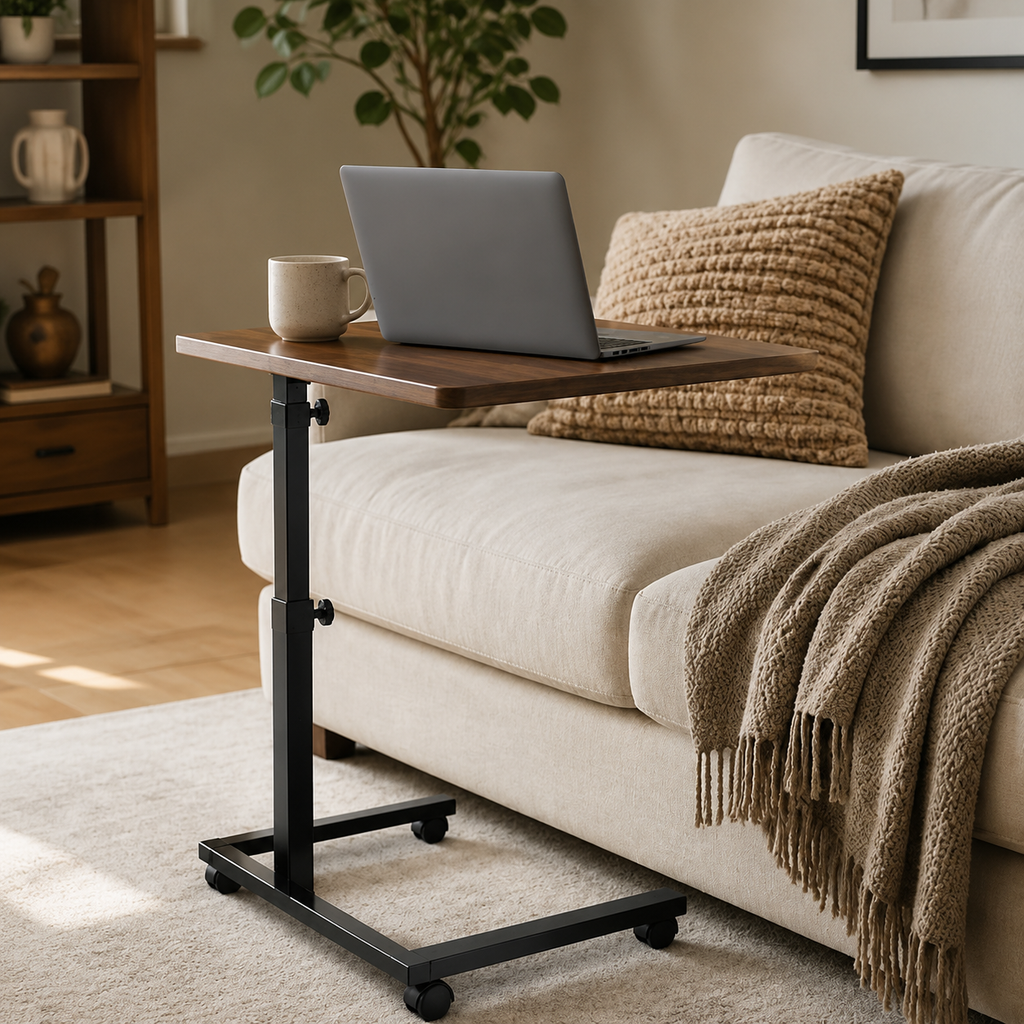 Adjustable rolling sofa side table holding a laptop in a living room