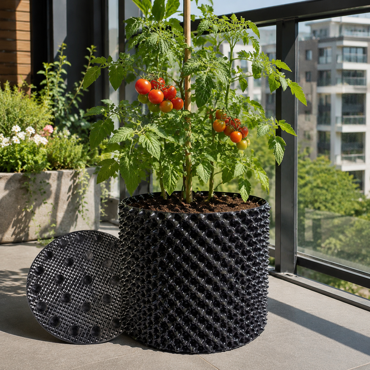 Black air-pruning planter pot growing tomatoes on a sunny balcony