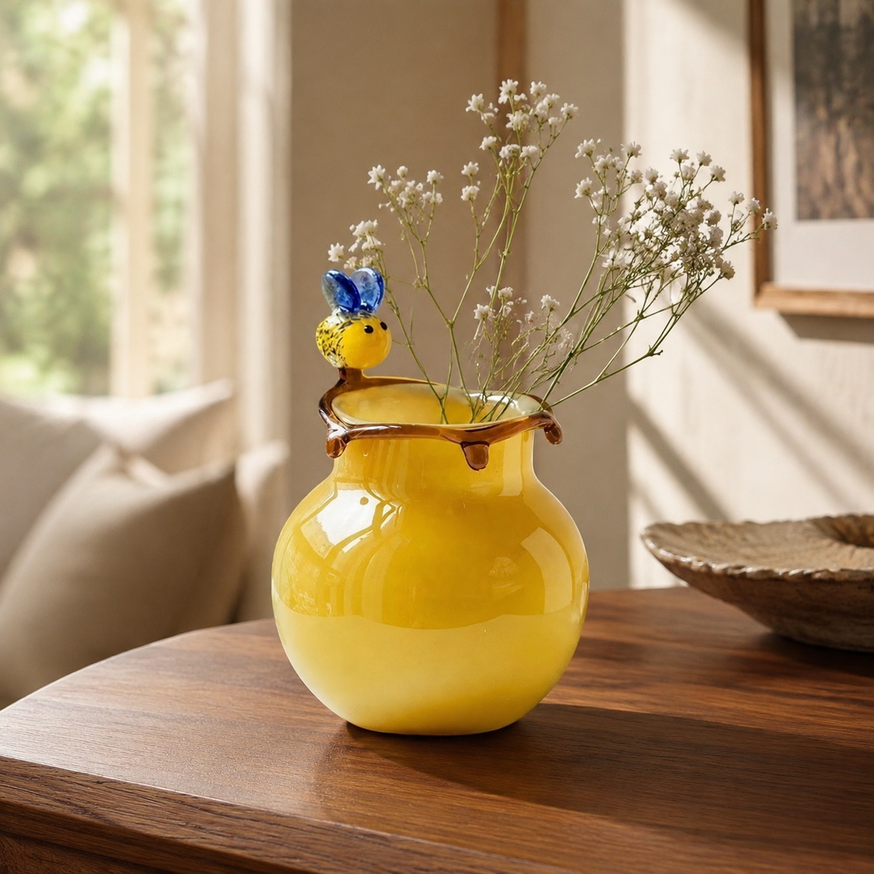 Bee accent yellow glass vase styled with flowers