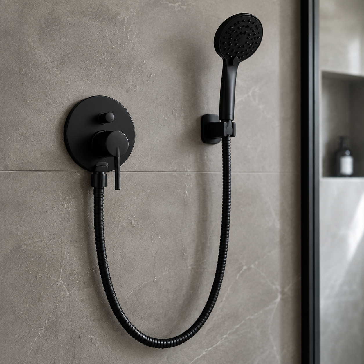 Black shower hose installed in a modern bathroom