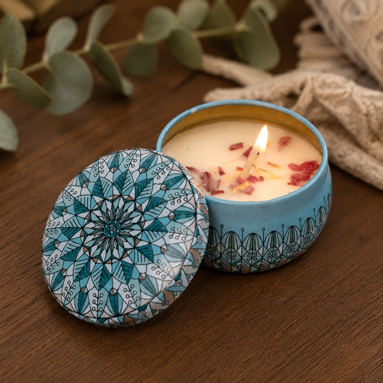 Orange vintage scented candle in a cozy home