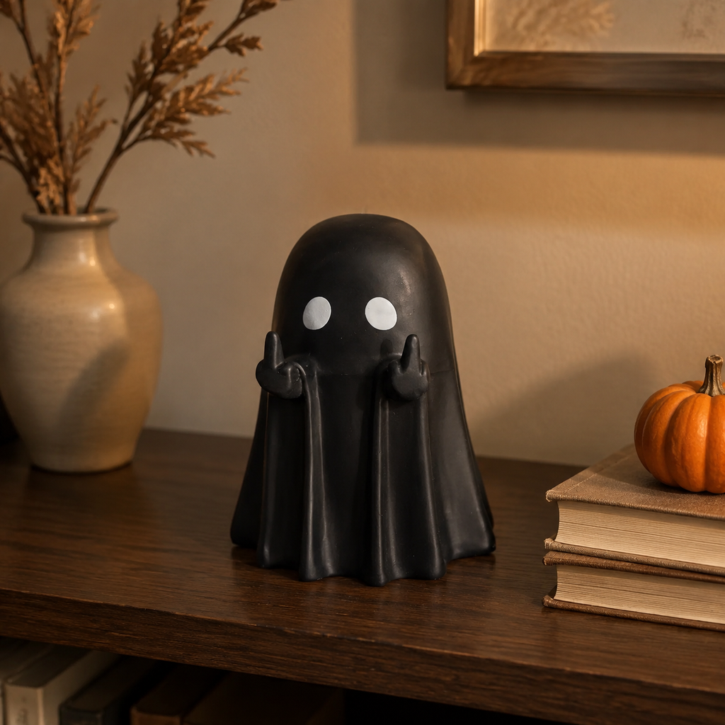 Black spooky ghost figurine styled on a warm walnut bookshelf