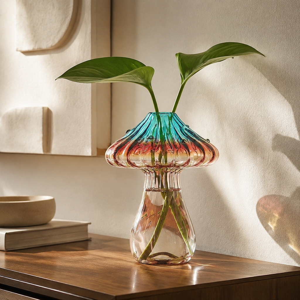 Color-gradient decorative glass vase styled with green stems on a walnut console