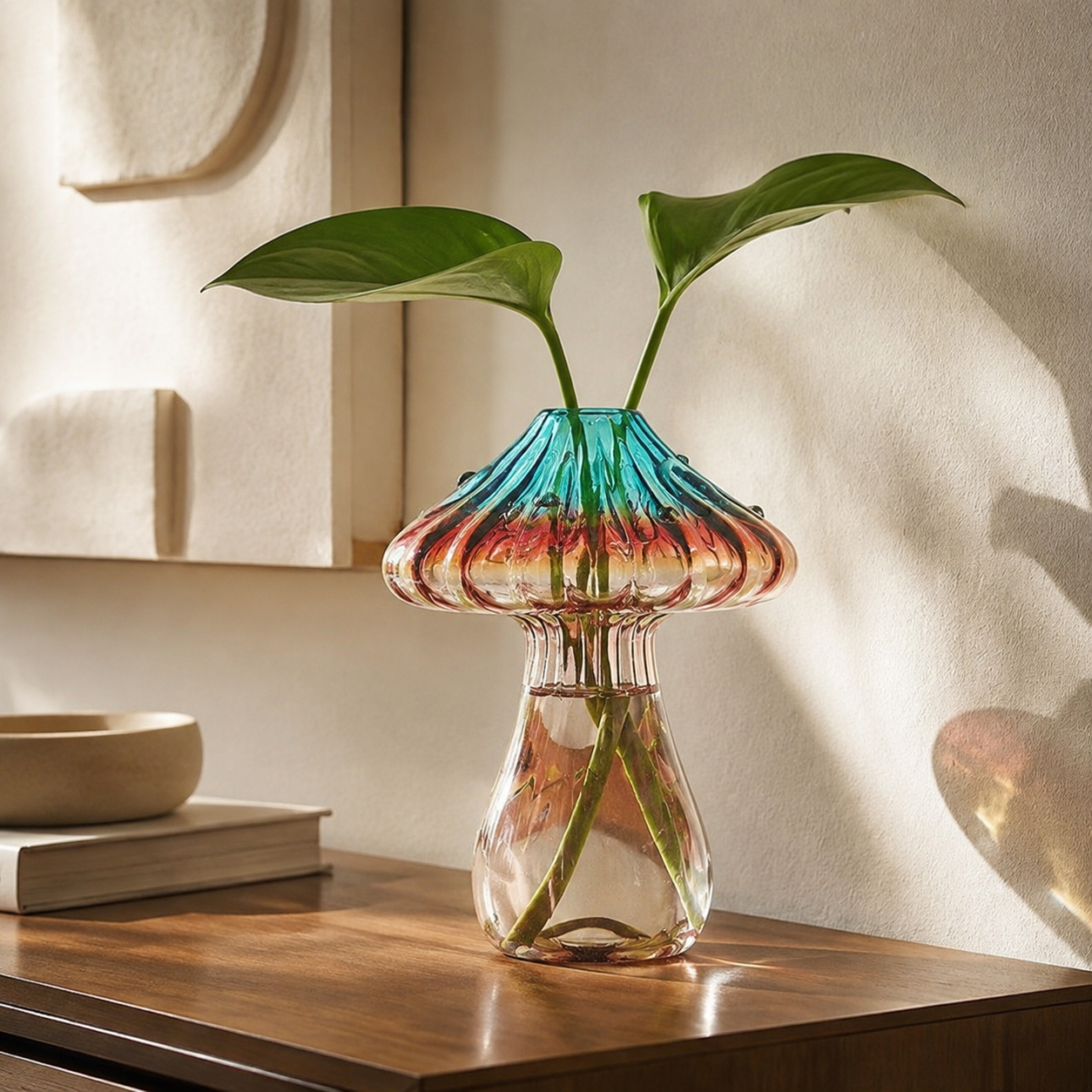 Color-gradient decorative glass vase styled with green stems on a walnut console