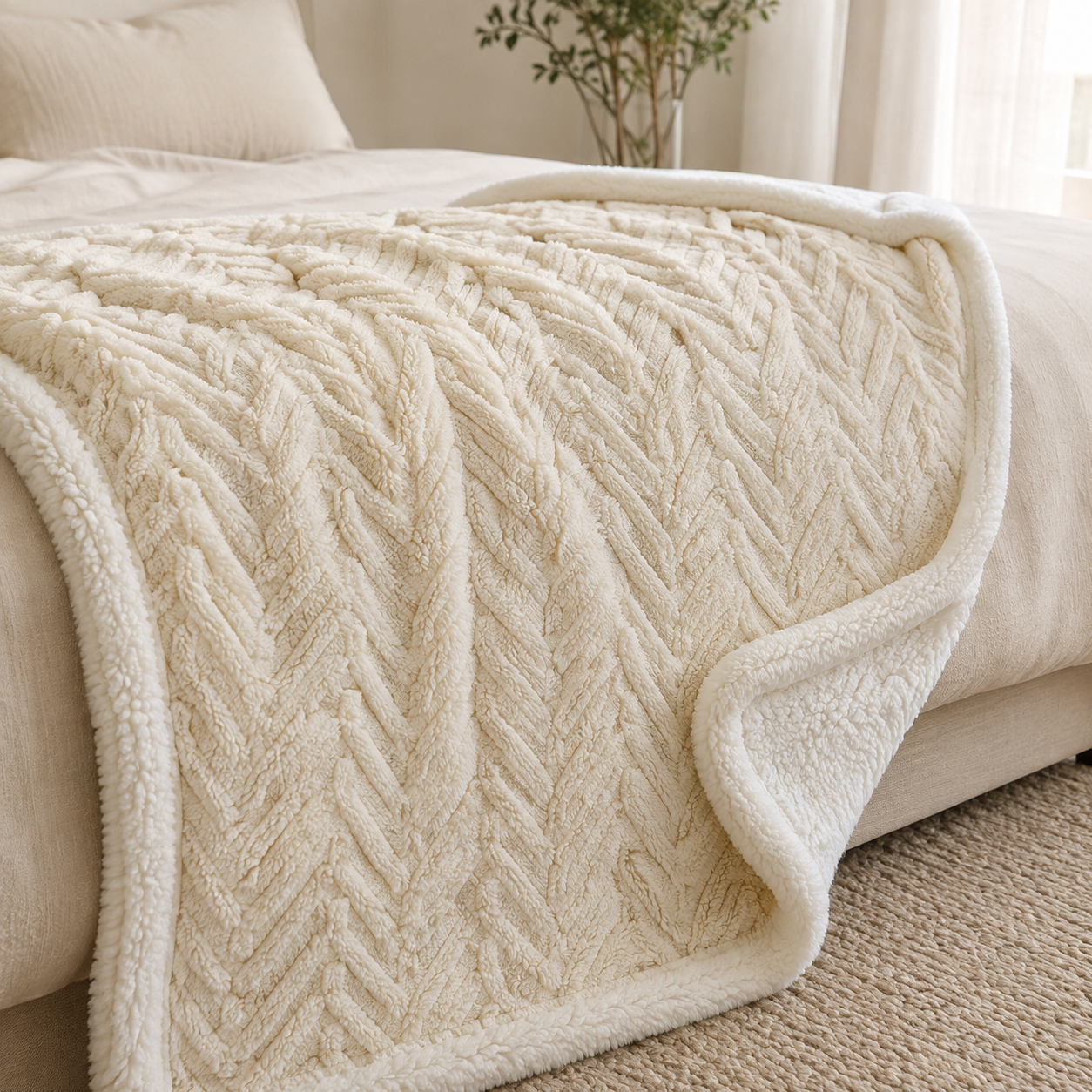 Cream double-layer sherpa fleece blanket draped over a bed