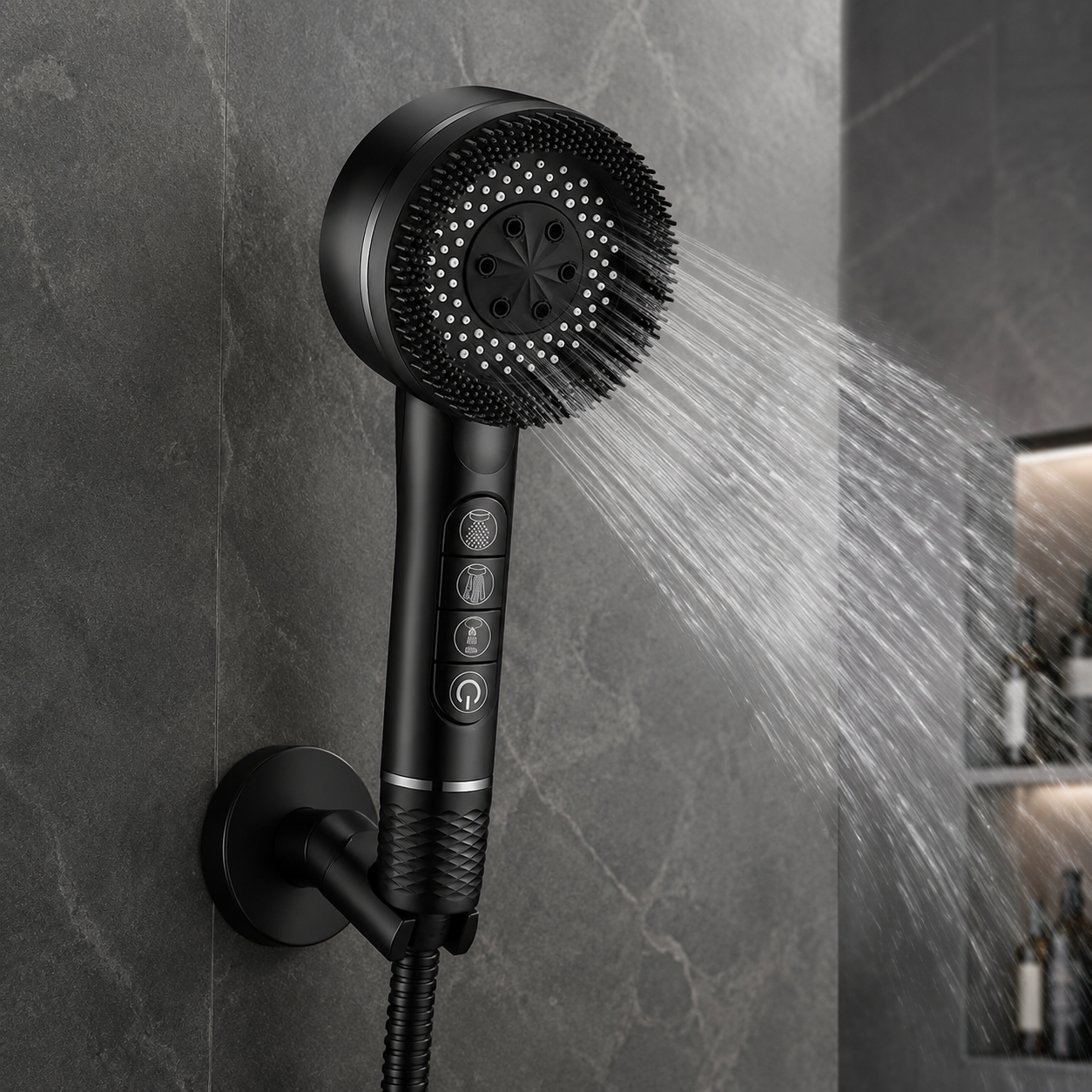 Black filtered shower head installed in a modern bathroom