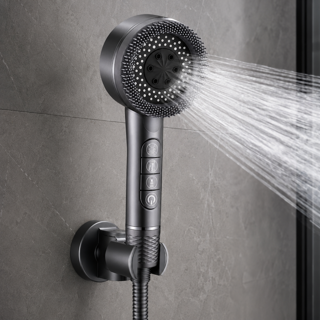 Gray filtered shower head installed in a modern bathroom