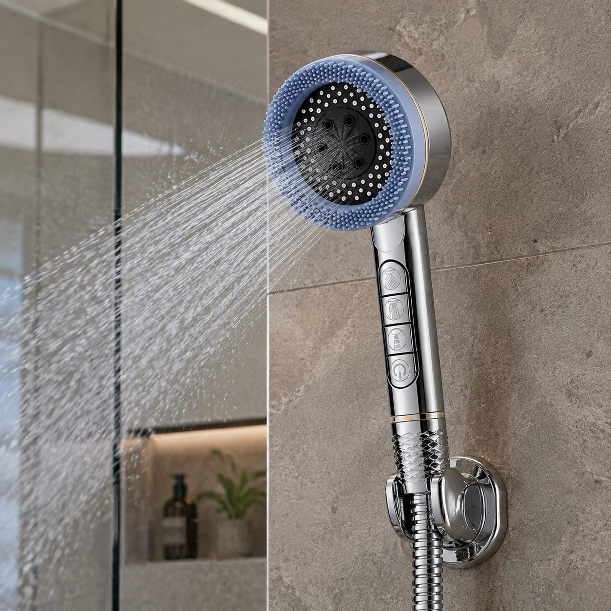 Silver filtered shower head installed in a modern bathroom