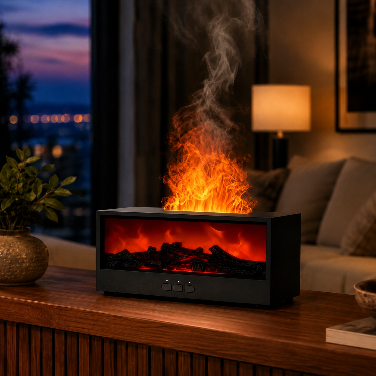 Black fireplace flame aroma diffuser glowing in a cozy living room