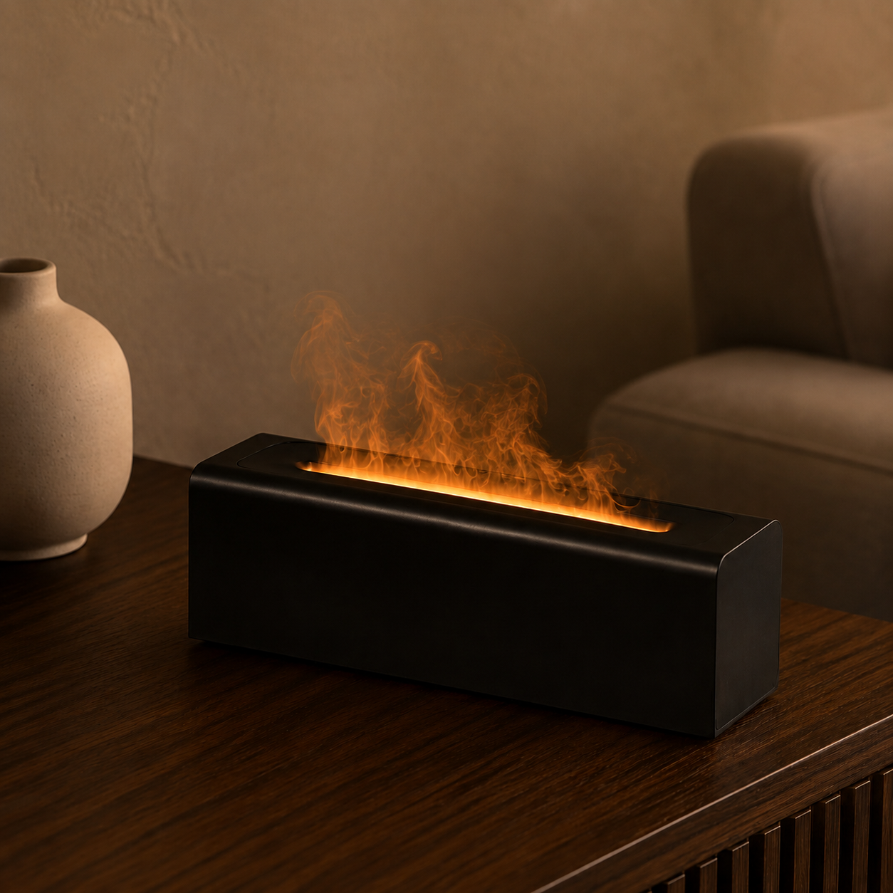 Black fireplace-effect aroma diffuser producing low orange-lit mist