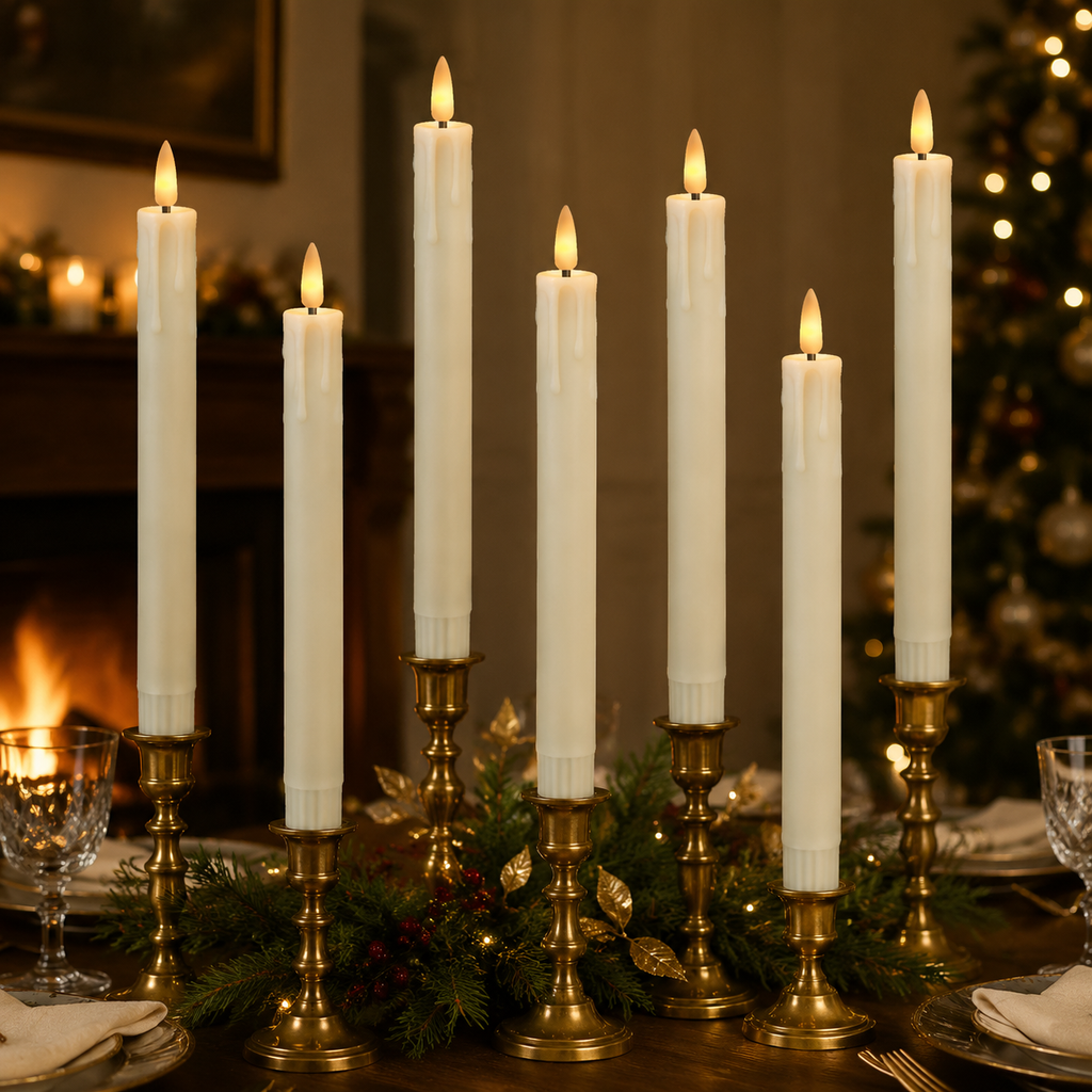 Flameless taper candles glowing on an elegant holiday dining table