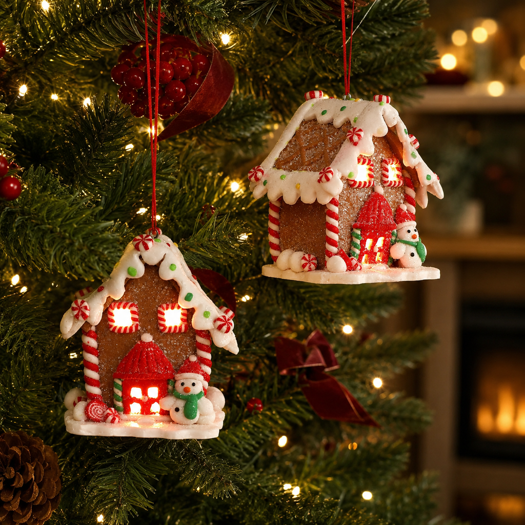 Gingerbread LED pendant ornaments hanging on a decorated Christmas tree
