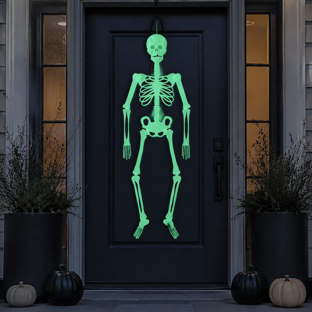 Glow-in-the-dark hanging skeleton displayed on a black front door
