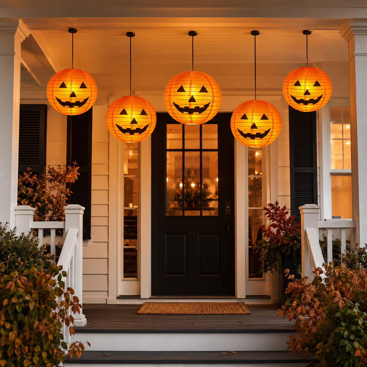 Five glowing pumpkin paper lanterns hanging across a front porch