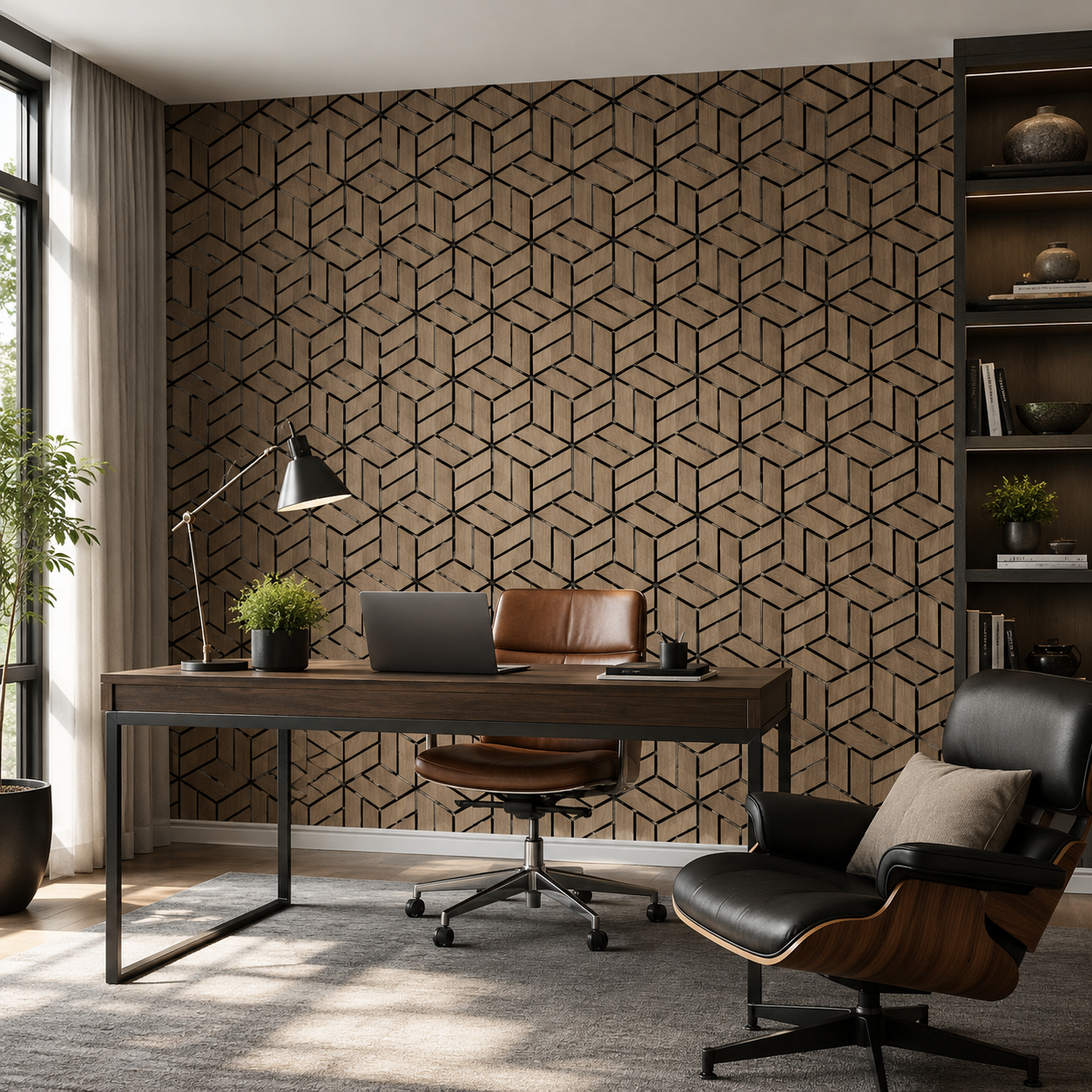 Hexagonal acoustic panels installed in a modern home office