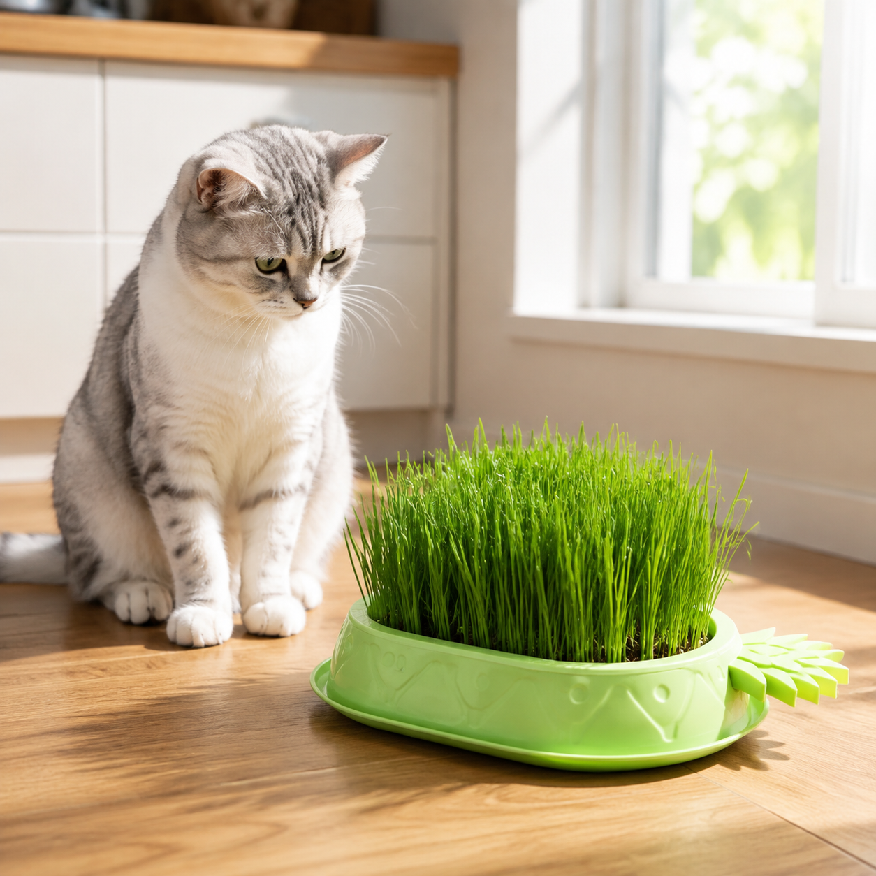 Green hydroponic cat-grass planter beside a cat