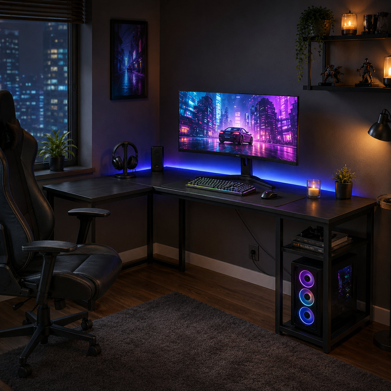 Black L-shaped gaming desk in a modern home gaming setup