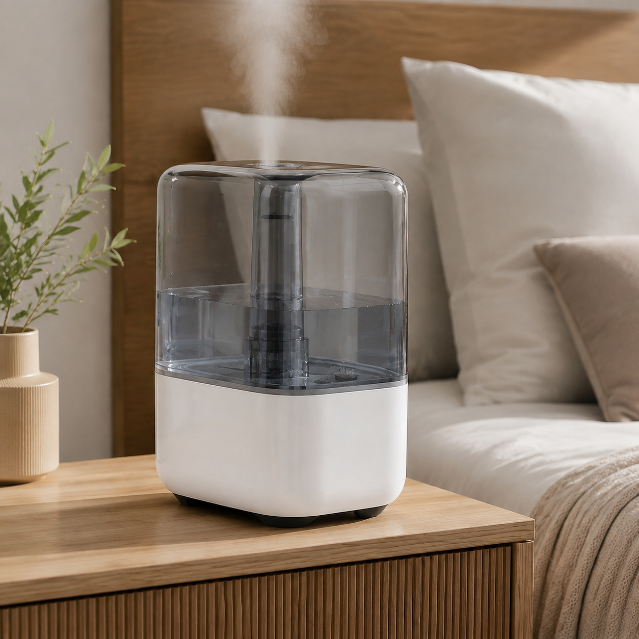 Large clear-tank ultrasonic humidifier operating in a modern bedroom
