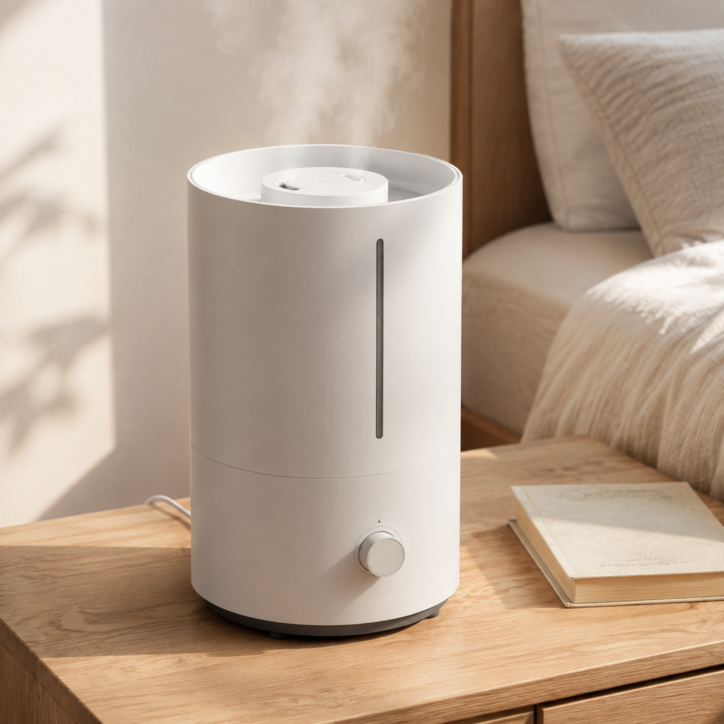 Large white ultrasonic humidifier producing fine mist on a bedroom nightstand