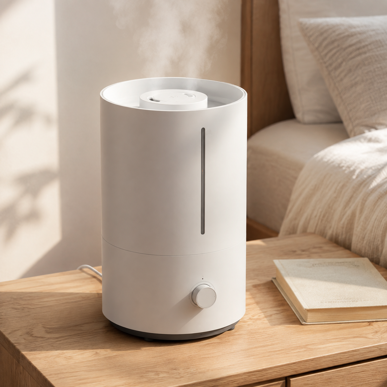 Large white ultrasonic humidifier producing fine mist on a bedroom nightstand
