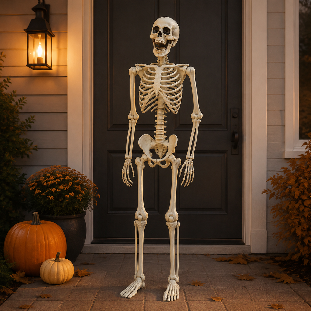 Life-size posable Halloween skeleton displayed on a front porch