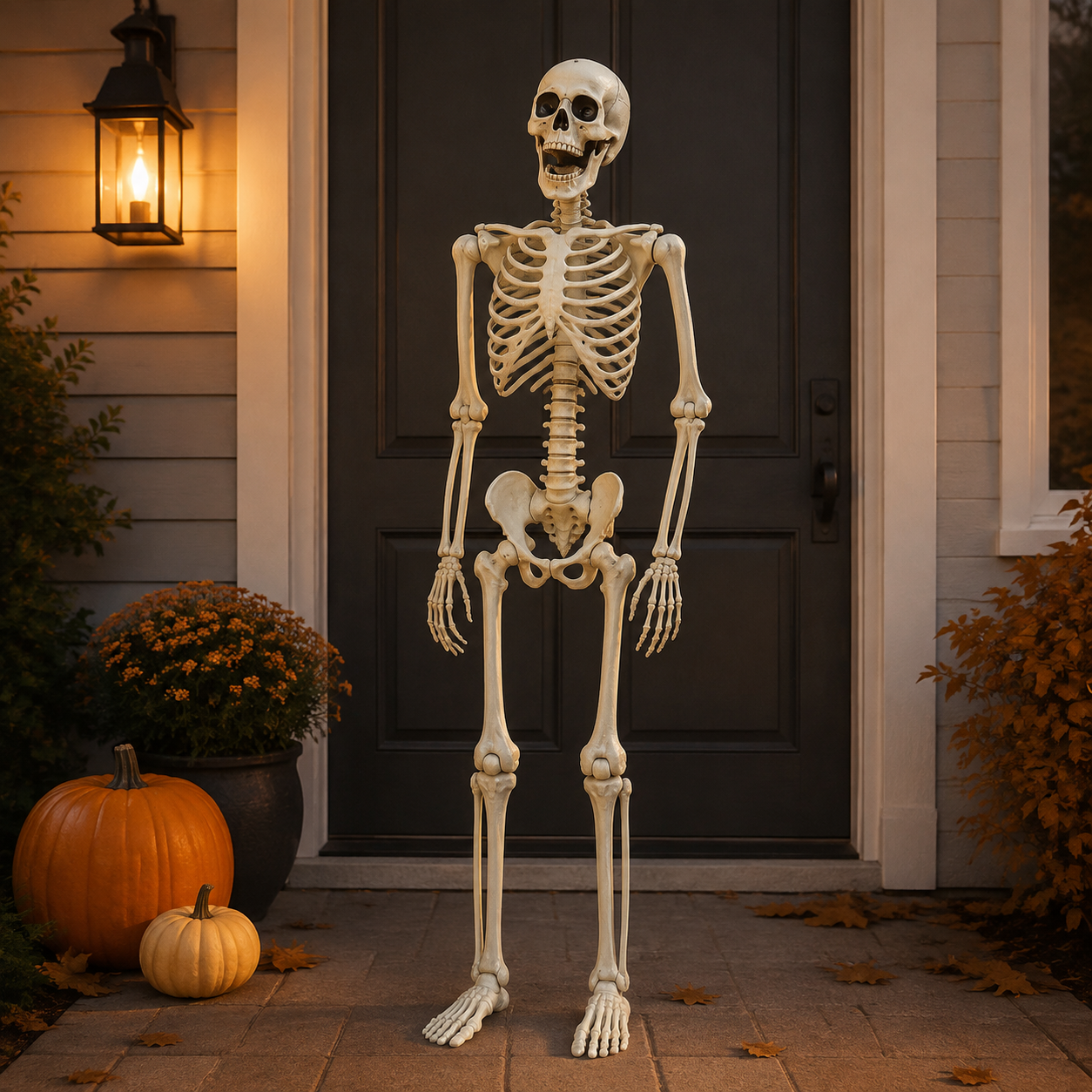 Life-size posable Halloween skeleton displayed on a front porch