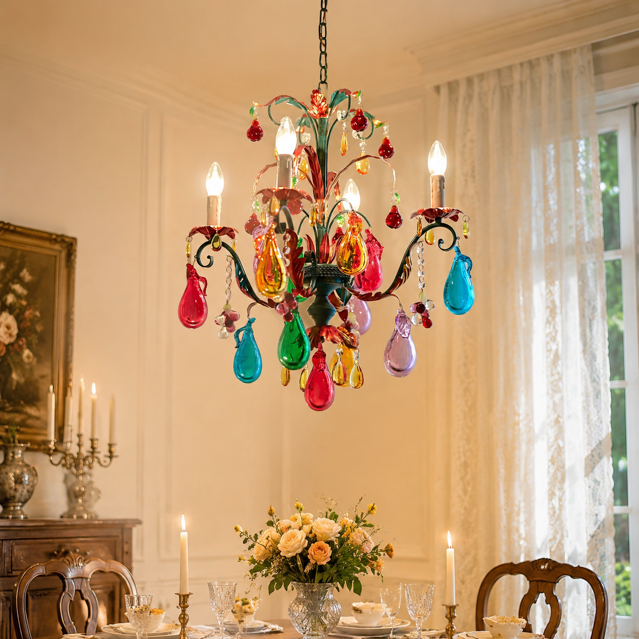 Multicolor Murano-style candle chandelier in an elegant dining room