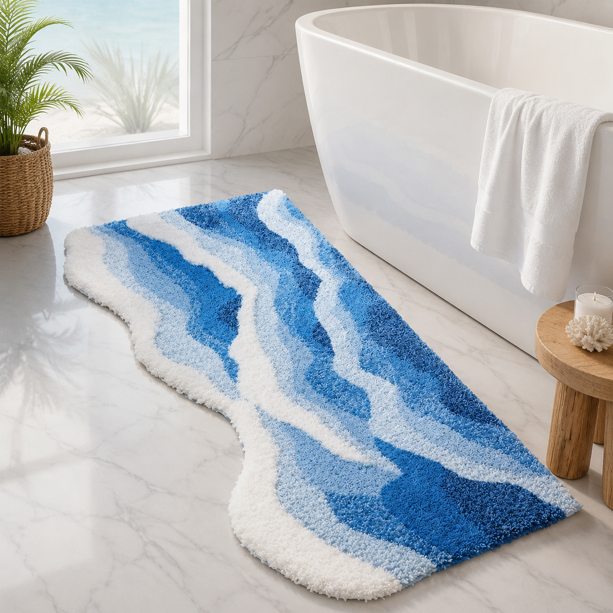 Ocean wave tufted accent rug beside a freestanding bathtub