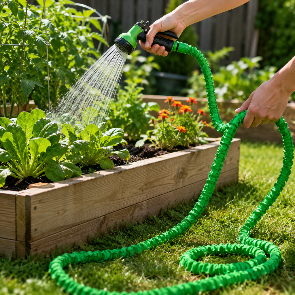 Expandable garden hose in use