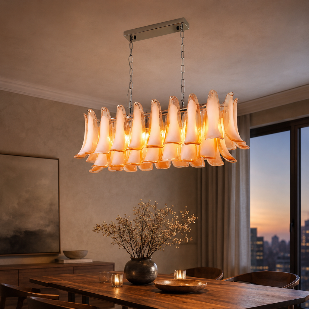 Horseshoe chandelier installed above a dining table