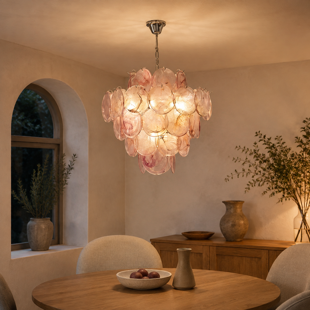 Pink glass chandelier in a styled room