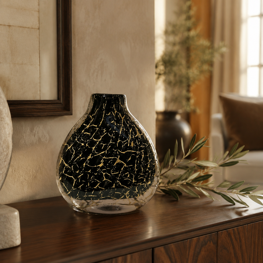 Round black and gold glass vase on a walnut console