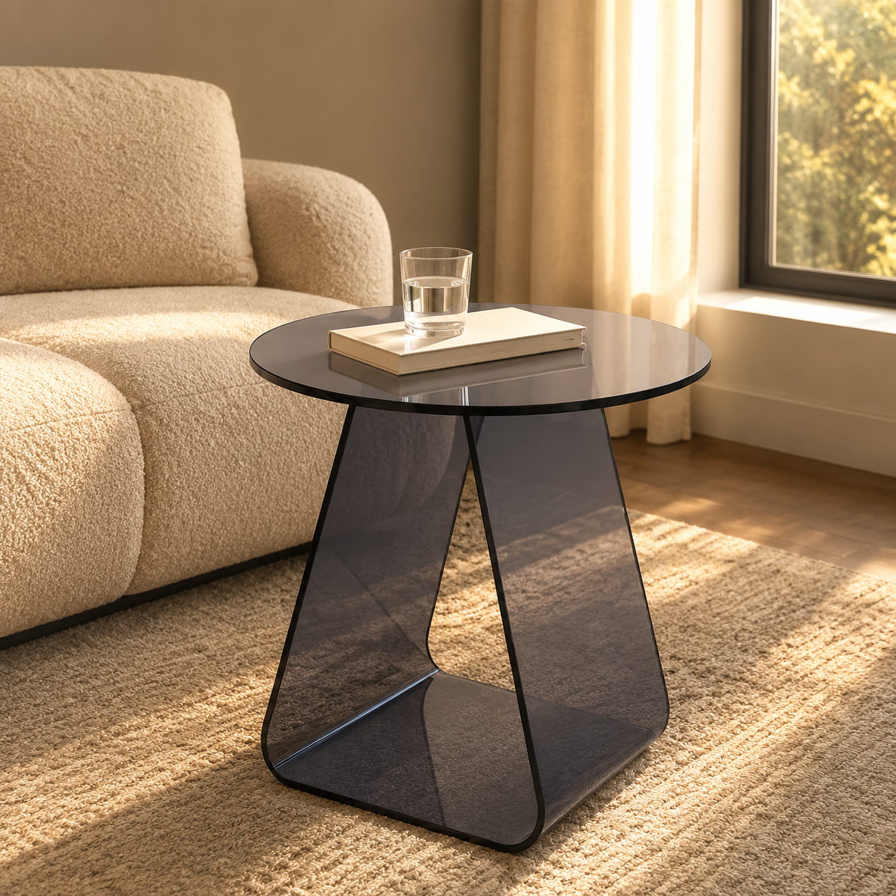 Clear acrylic round side table beside a sofa