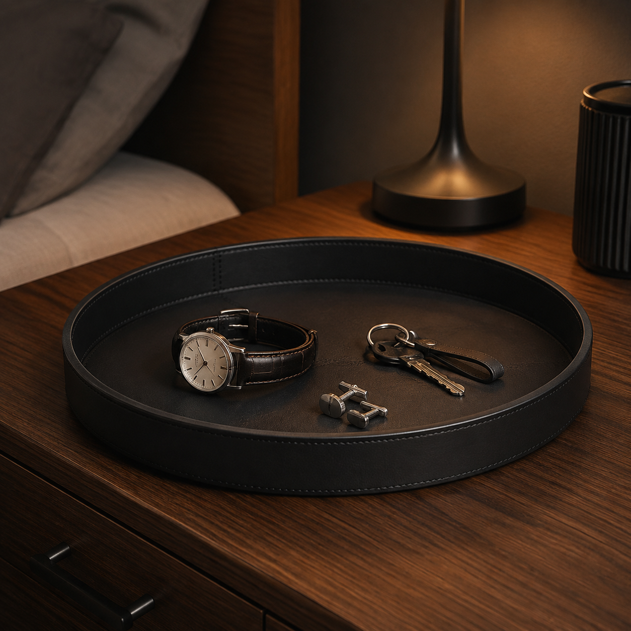Black leather valet tray on a walnut dresser