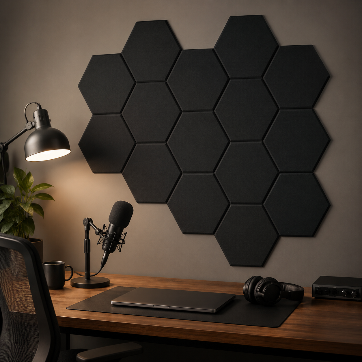 Eighteen black hexagonal acoustic panels in a podcast studio