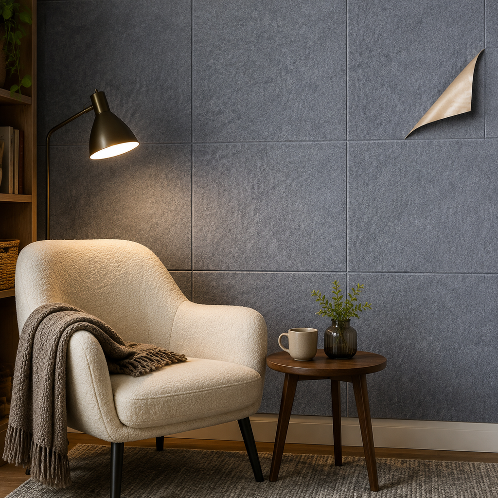 Blue-gray adhesive acoustic felt panels in a reading room