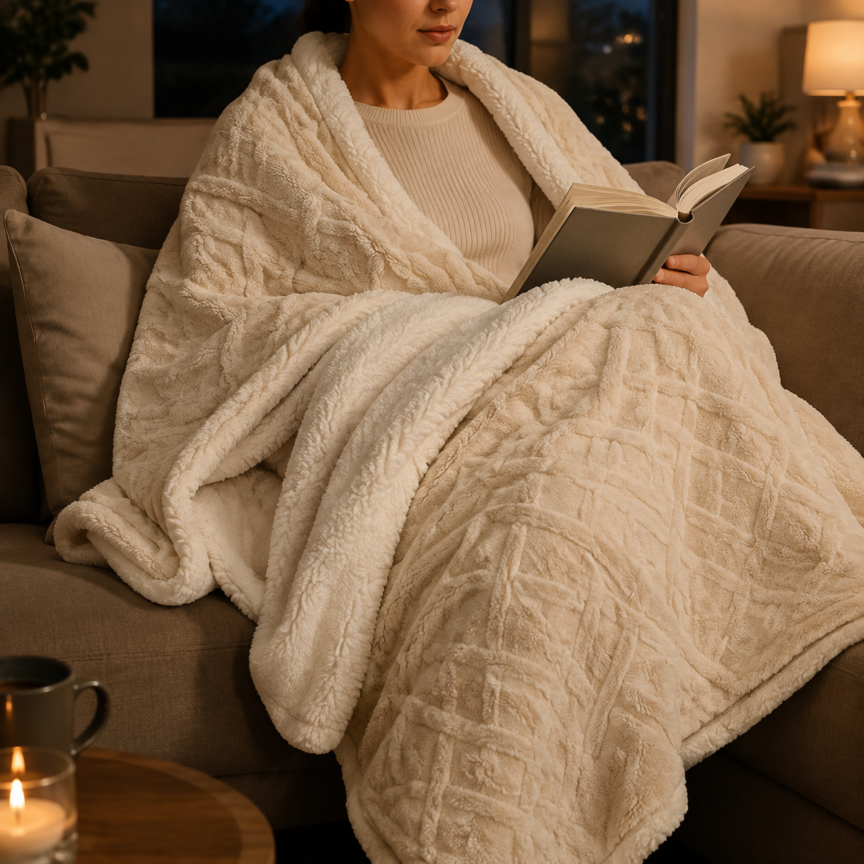 Cream sherpa fleece blanket in use on a sofa