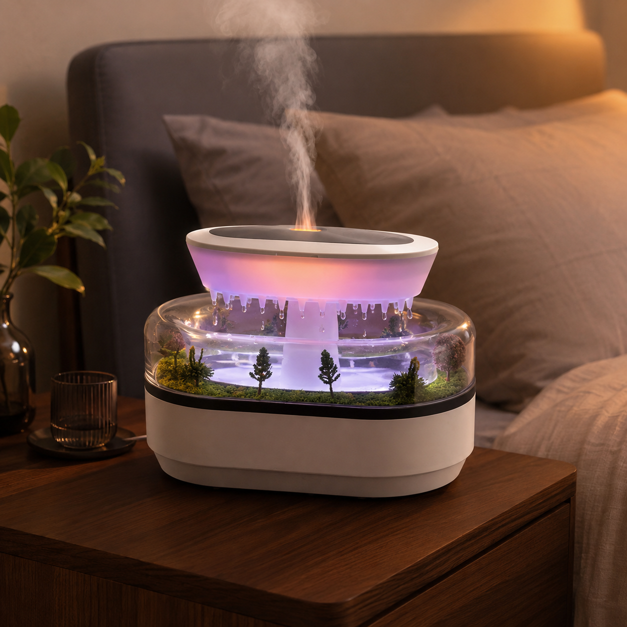 Landscape rain cloud aroma diffuser on a nightstand