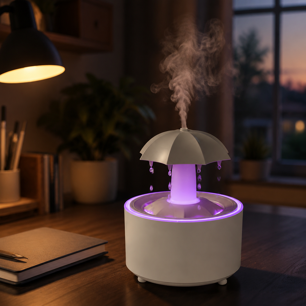 Umbrella rain cloud diffuser operating on a desk