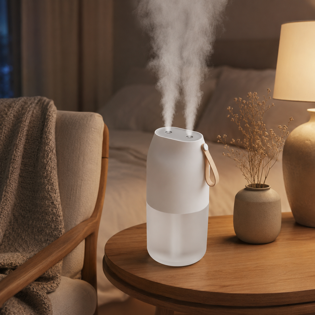Dual-nozzle ultrasonic humidifier in a bedroom
