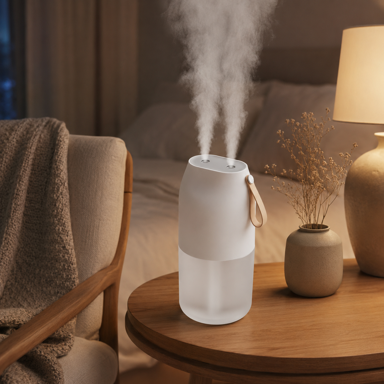 Dual-nozzle ultrasonic humidifier in a bedroom
