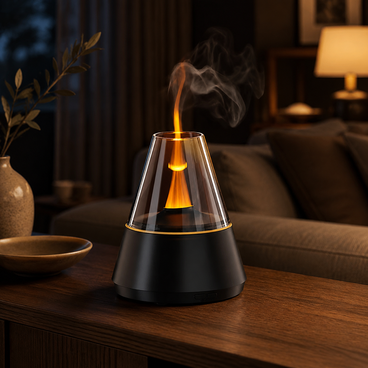 Cone flame aroma diffuser in a living room