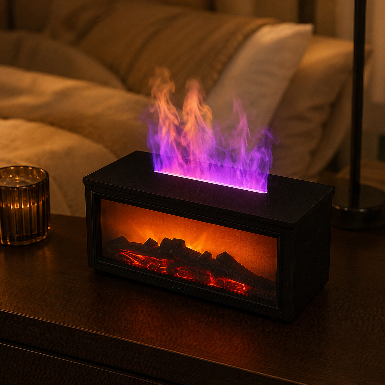 Fireplace flame aroma diffuser on a dresser