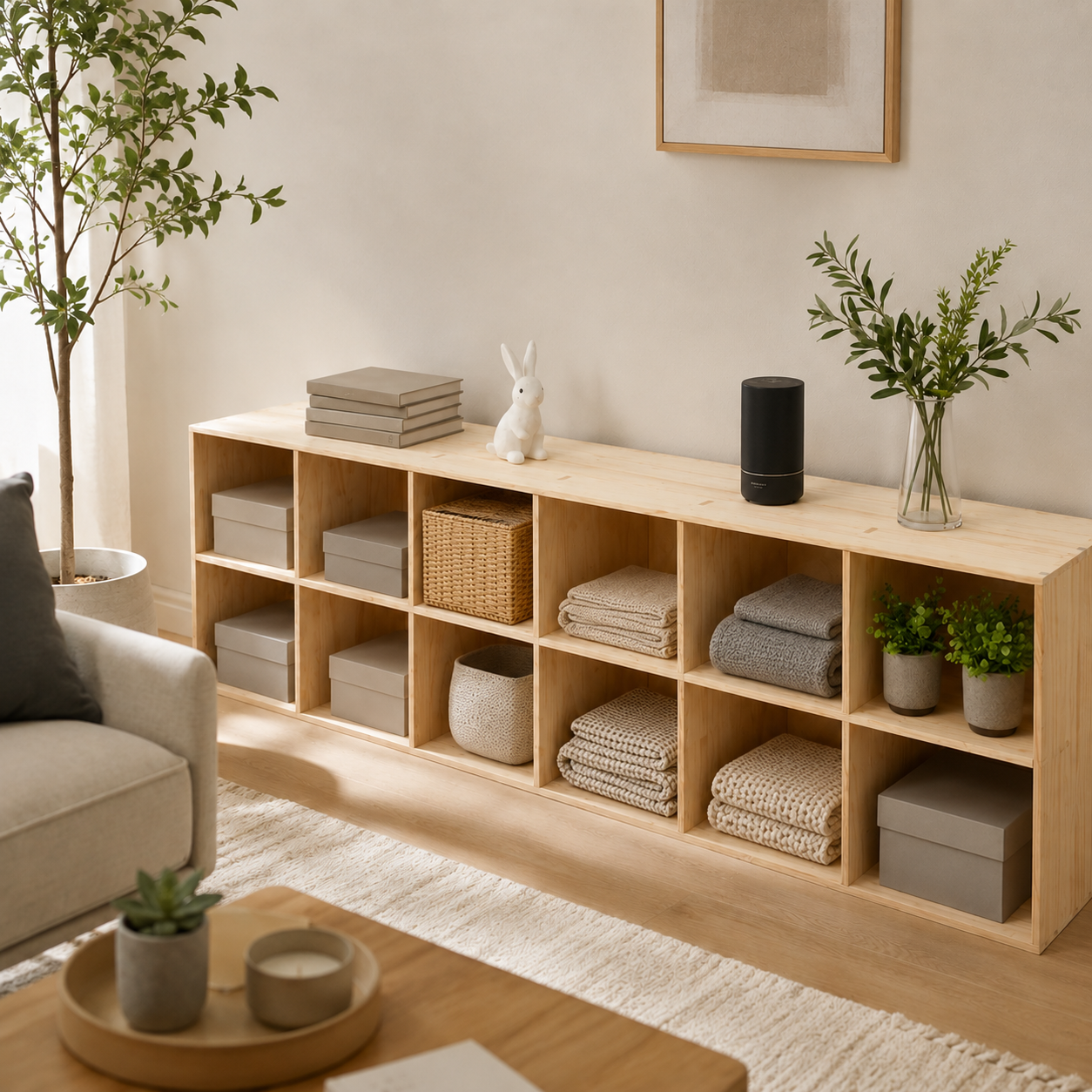Natural pine cubby storage shelf styled in a warm modern living room